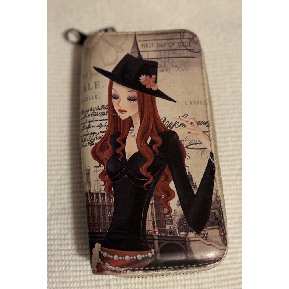 Hippie Traveling Girl Novelty Double Wallet Zipper  Card Holder 8X4